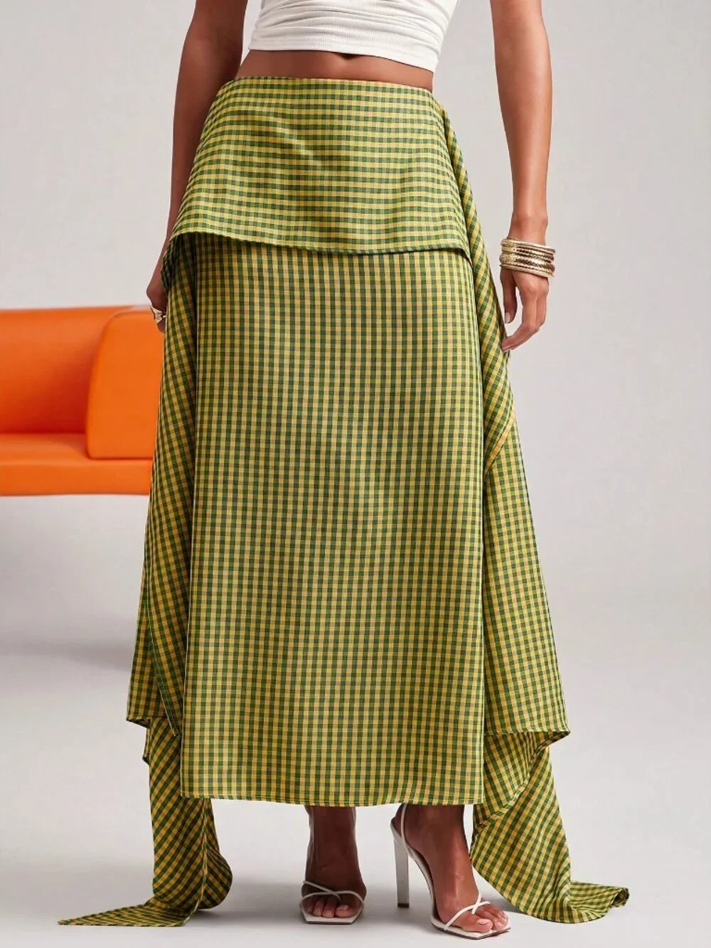 Yellow Casual Women's Gingham Tiered Flare Midi Skirt